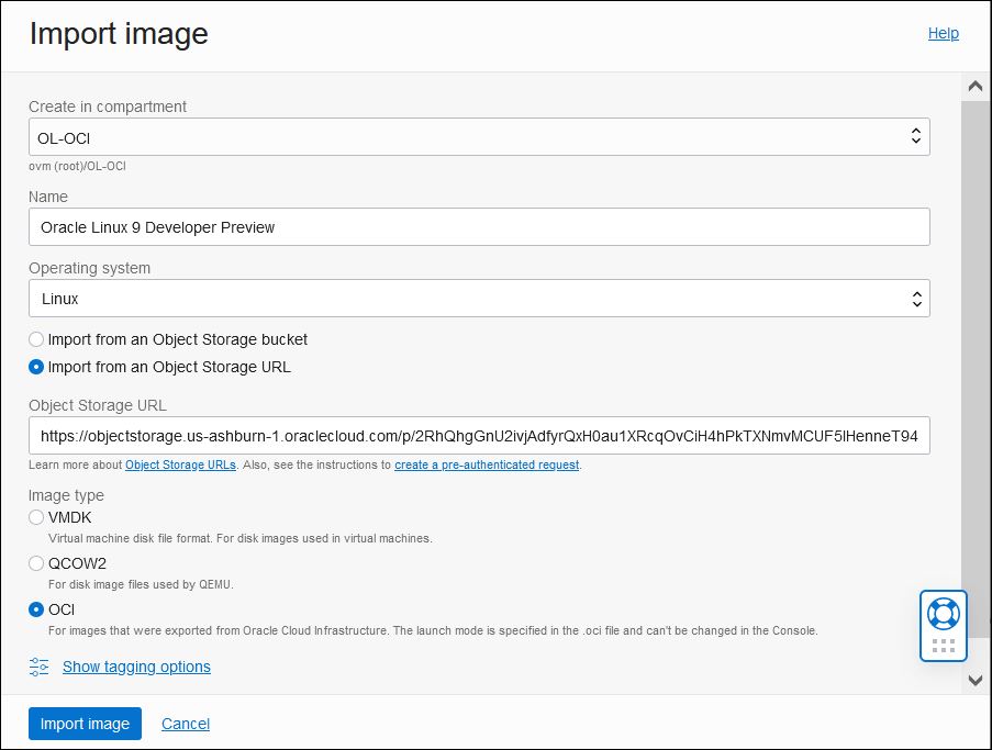 A screenshot of the Import Image page showing the settings for Oracle Linux 9 Developer Preview.