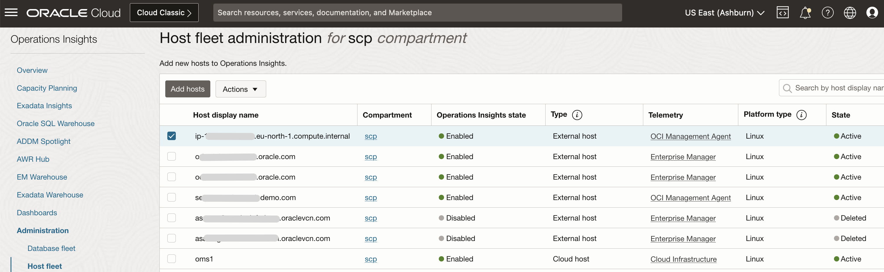RDS Hosts enabled on Operations Insights