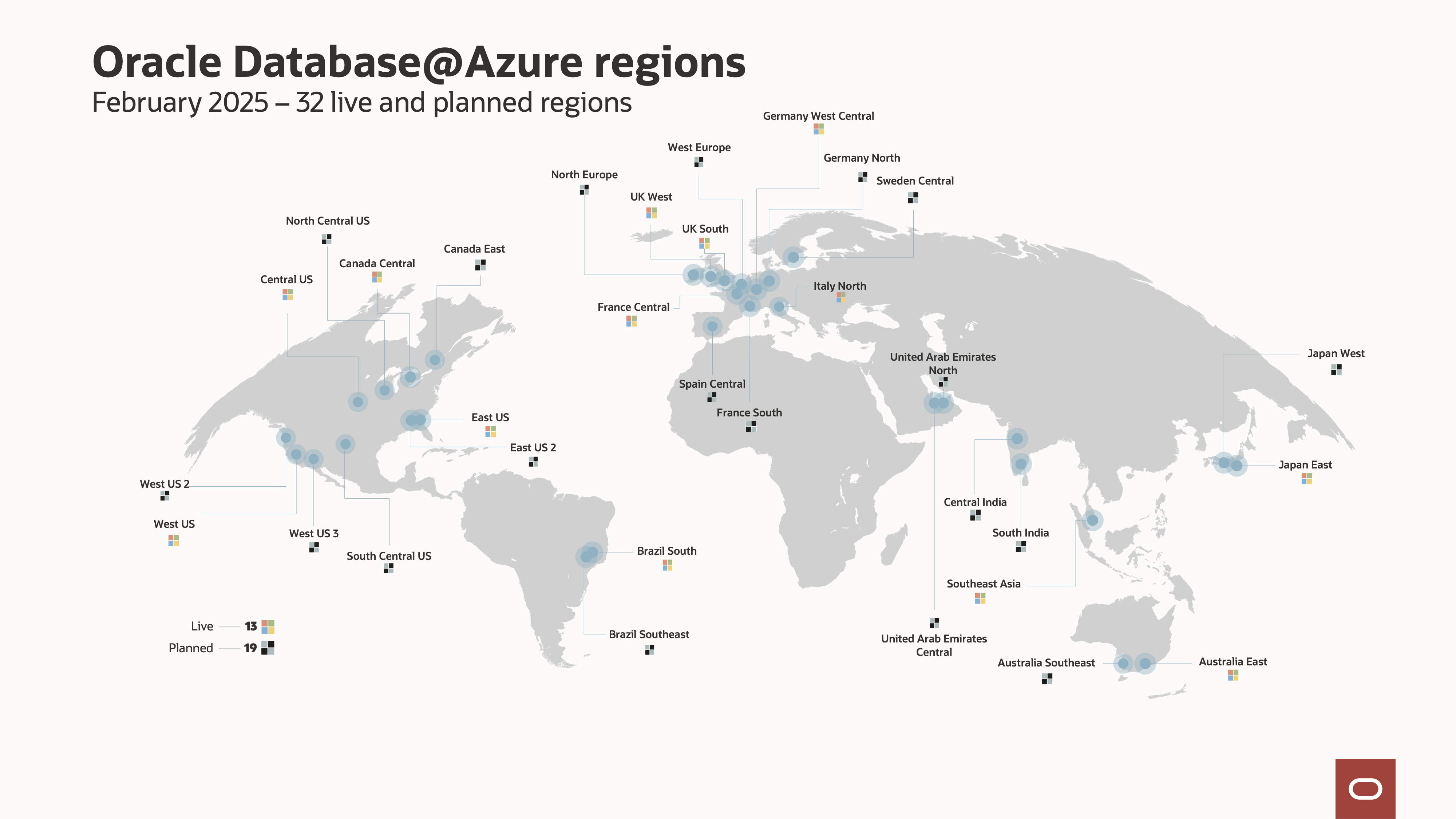 Map showing region availability for Oracle Database@Azure