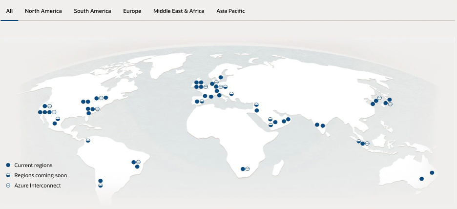 A graphic depicting the current and future Oracle Cloud regions across the globe.