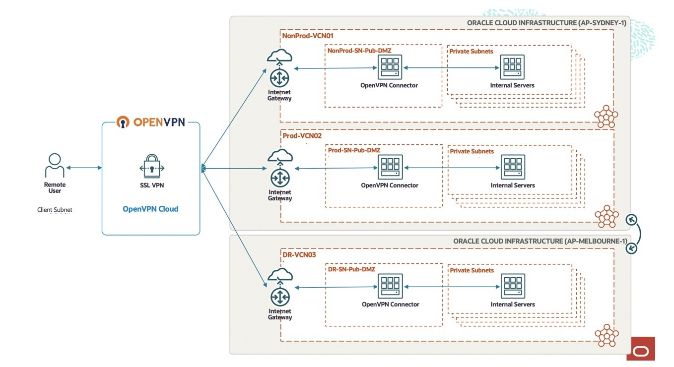A graphic depicting the physical architecture of the OpenVPN Cloud solution.