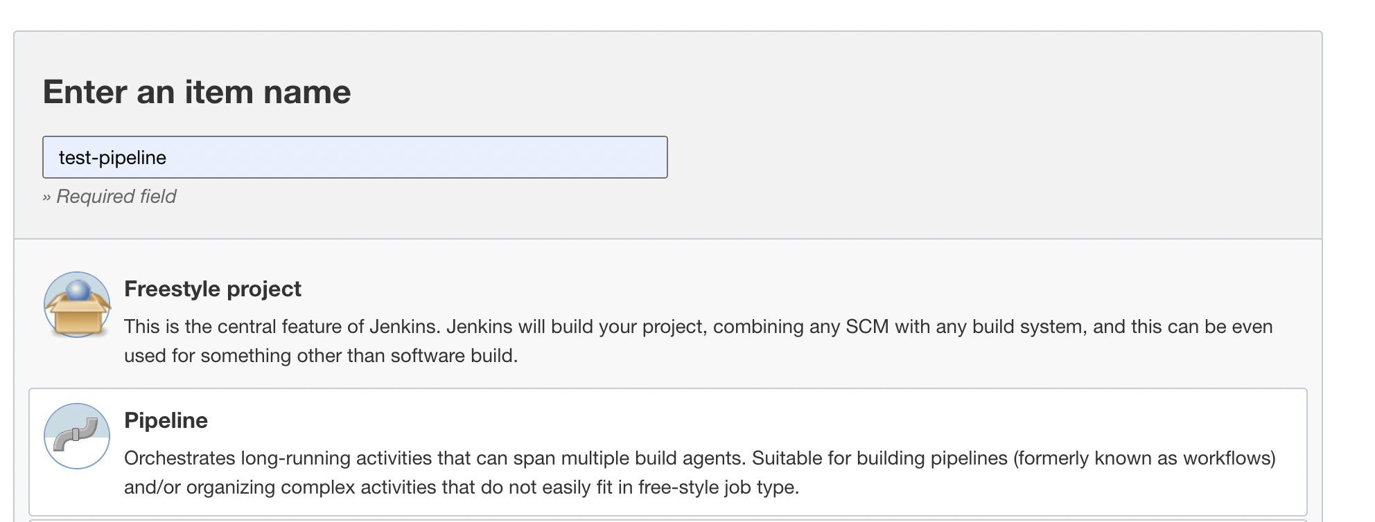 A screenshot of the Enter an item name section for creating a pipeline.