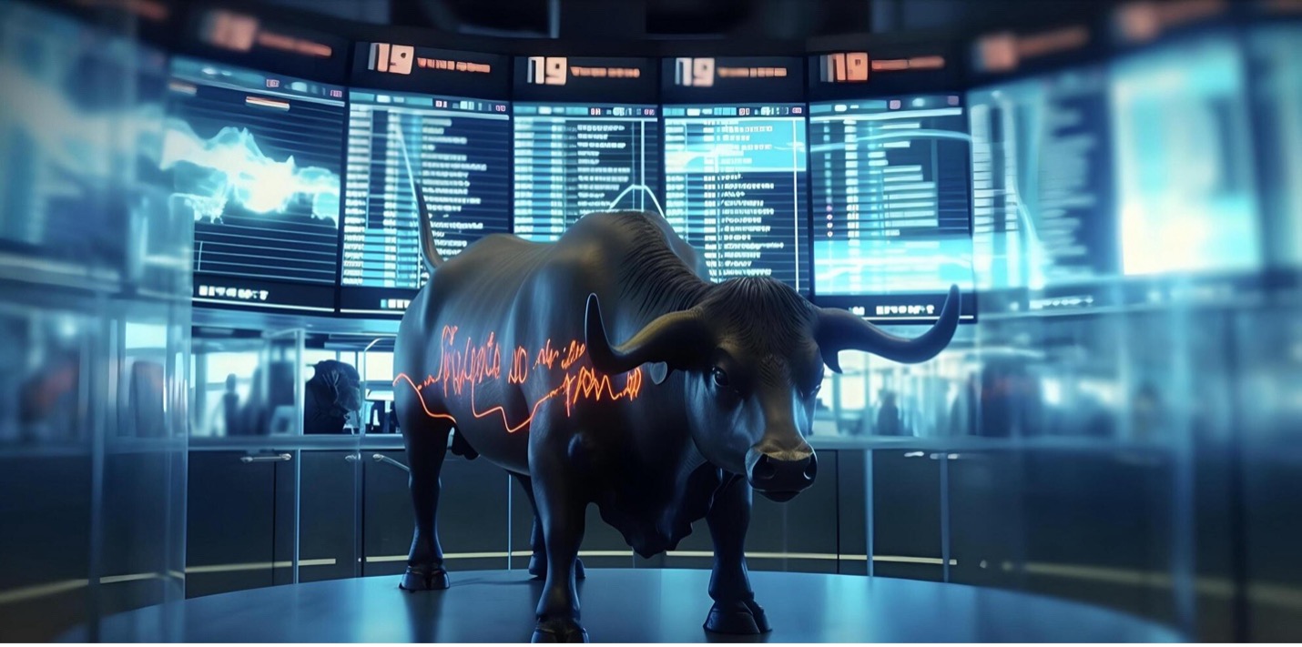 Bull statue in front of Financial Market Data tickers