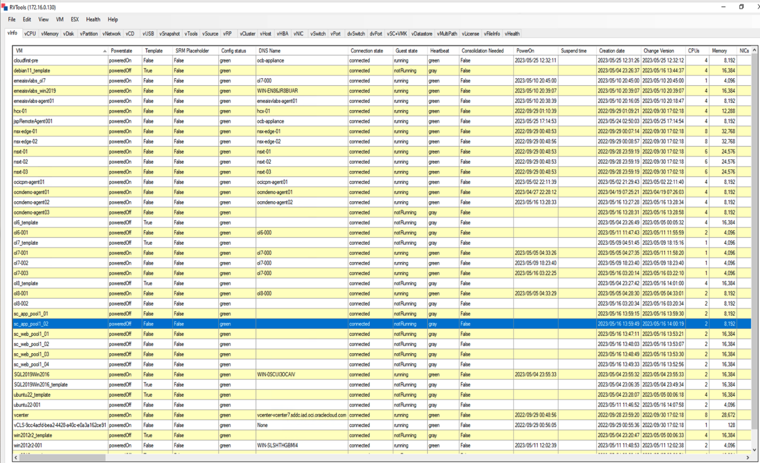 A screenshot of the RVTools app with a row highlighted