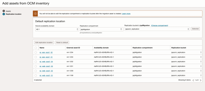 A screenshot of the AddAssets from the Cloud Migrations Inventory screen on the Replication location tab