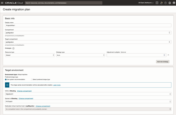 A screenshot of the Create Migration Plan screen in the Console, showing the Basic Info and Target Environment sections with fields filled out