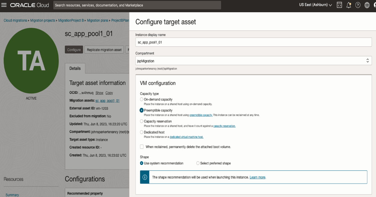 A screenshot of the Configure target asset window, showing the shape configurations available for selection