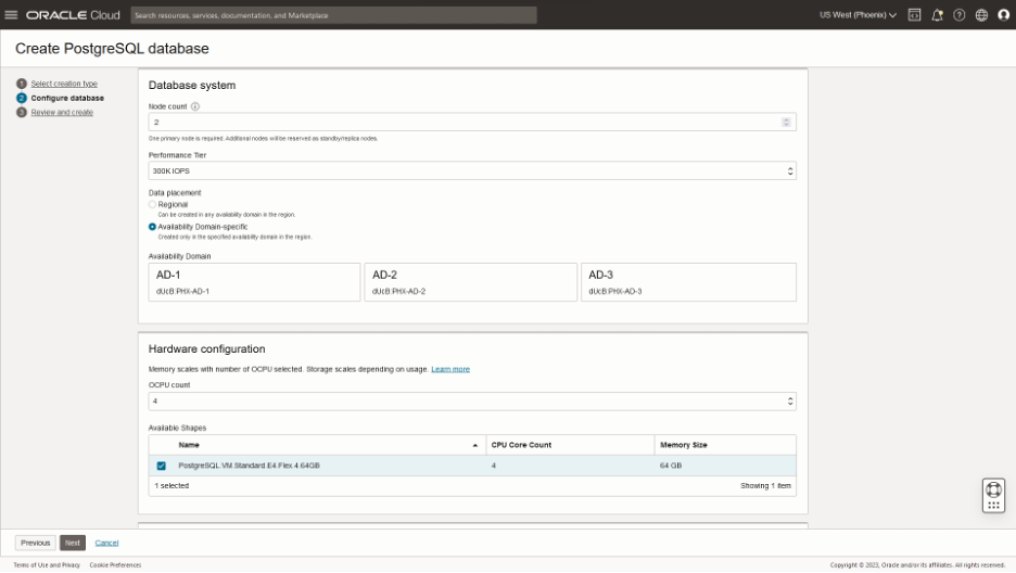 A screenshot of the Create PostgreSQL database configuration screen.