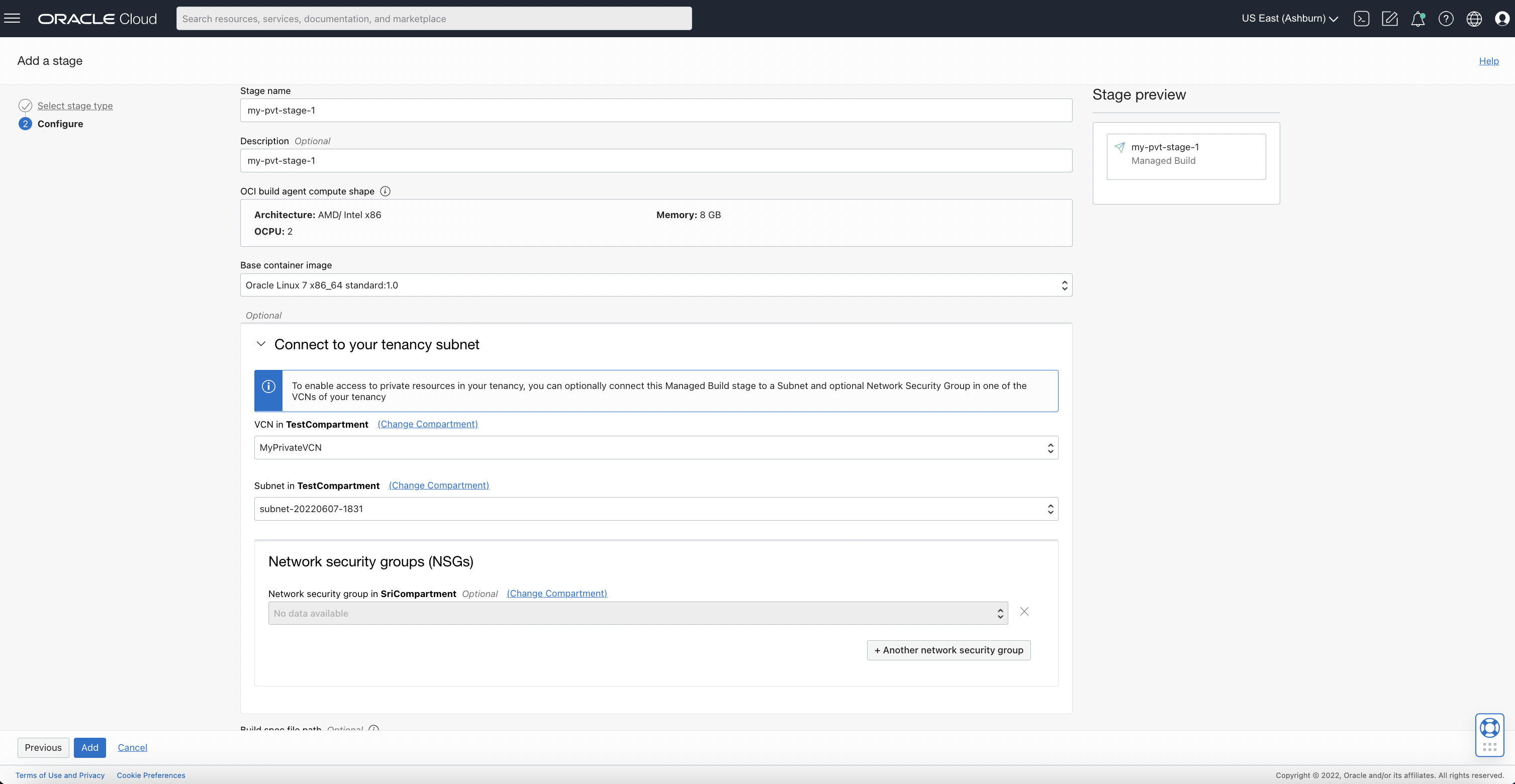 A screenshot of the Add A Stage page, showing private resource access on the Configure tab.