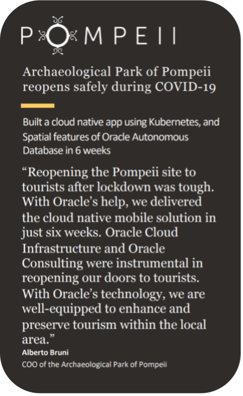 A graphic with a quote about the archaeological park of Pompeii reopening safely during COVID-19 with help from Oracle.