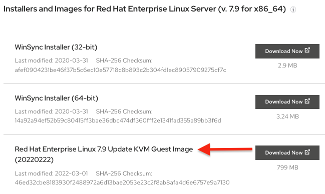 A screenshot of a list of installers, including WinSync and Red Hat Enterprise Linux, with a red arrow pointing to the Red Hat option.