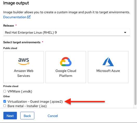 A screenshot of the Image Builder tool with a red arrow pointing to the virtualization - guest image option.
