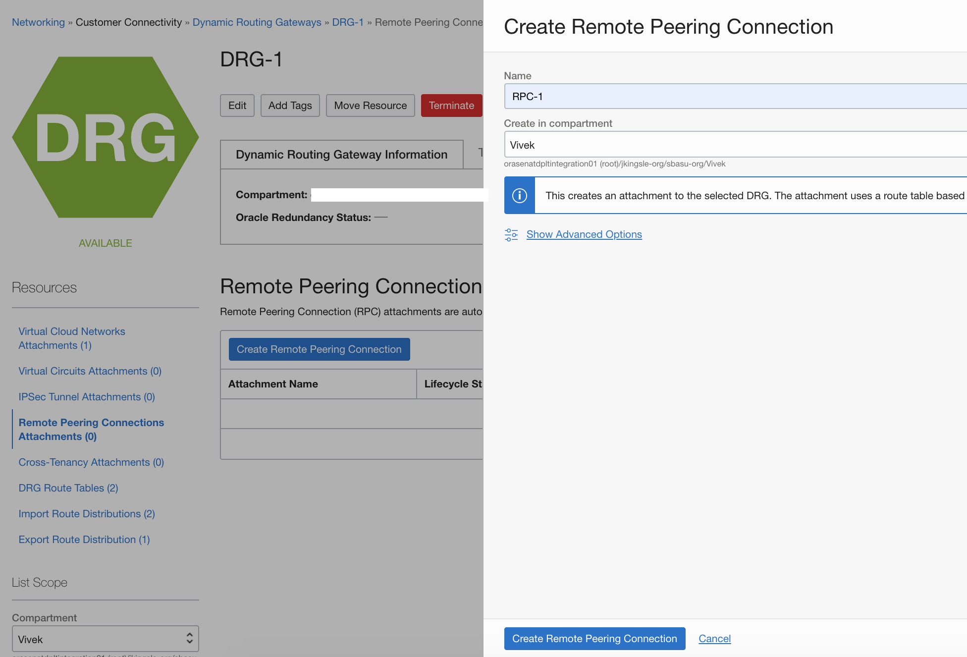 A screenshot of the Create Remote Peering Connection window in the Console.