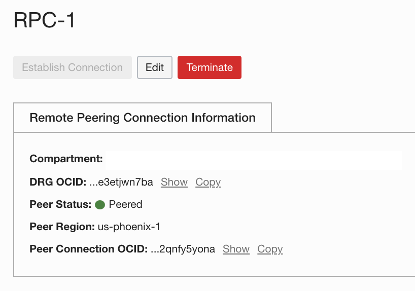 A screenshot of the Remote Peering Connection Information sections for RPC-1 and RPC-2, both with the peer status “Peered.”