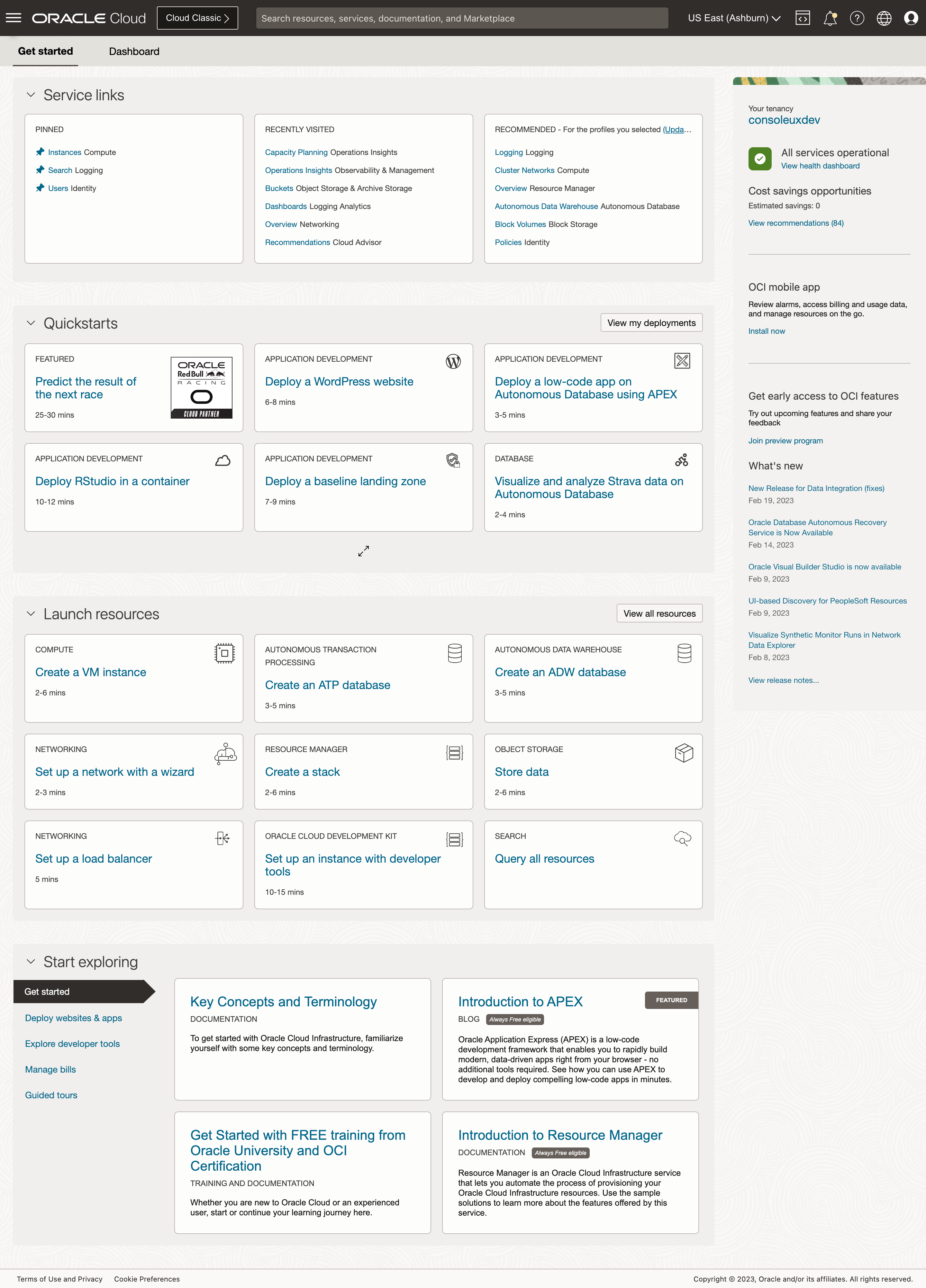 Oracle Cloud Console home page featuring Redwood theming