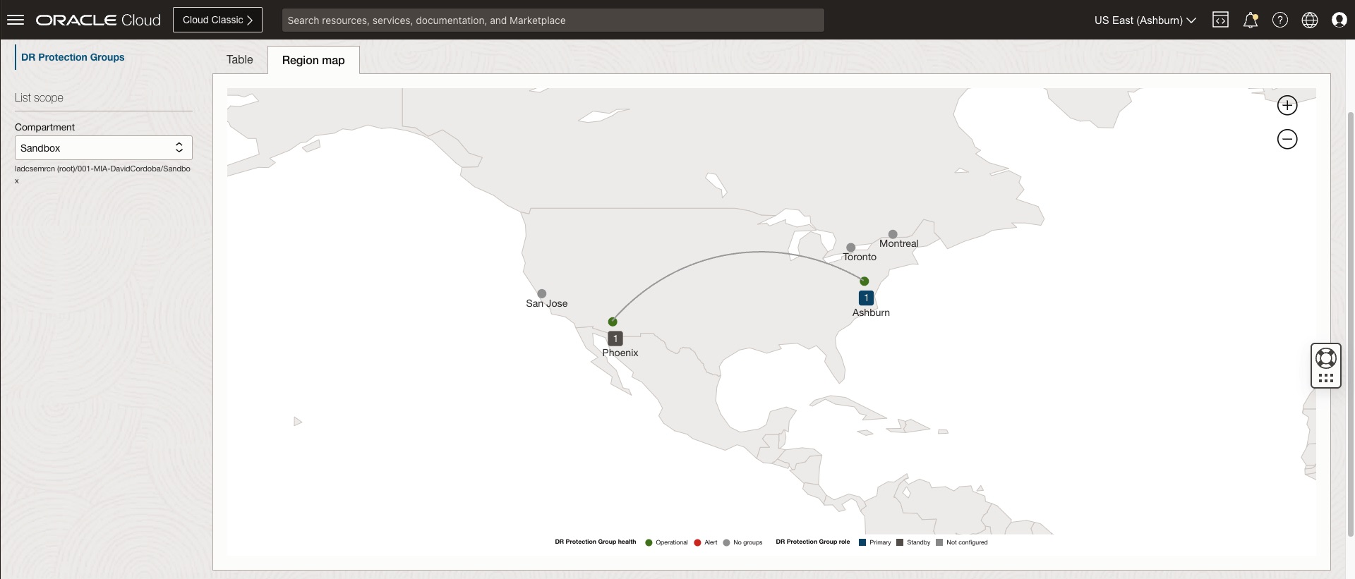 A screenshot of the disaster recovery region map
