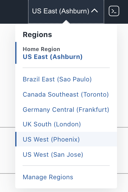 A screenshot of the region selection menu with US West (Phoenix) highlighted.