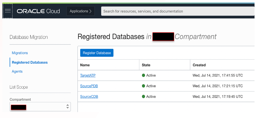 A screenshot of the Registered Databases page in the Database Migration section of the Oracle Console.