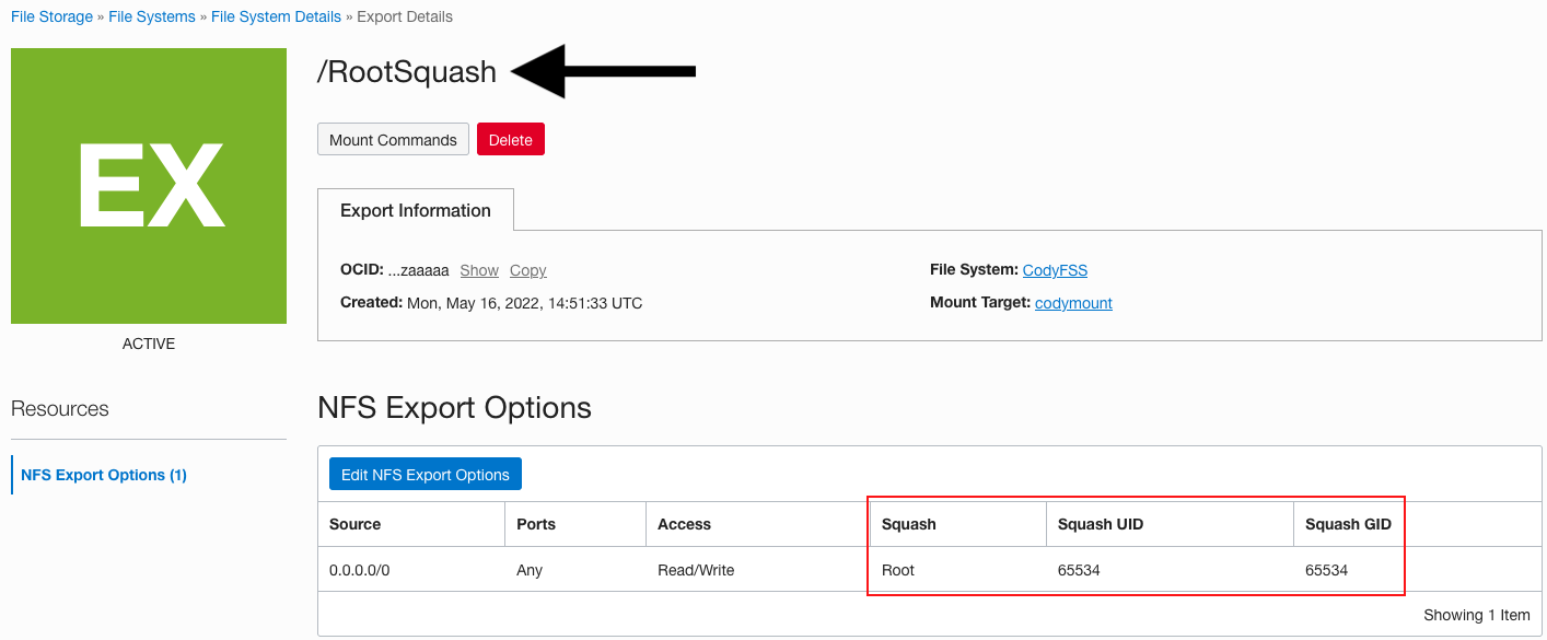 A screenshot of the Export Details page in the Oracle Cloud Console showing theRootSquash export options