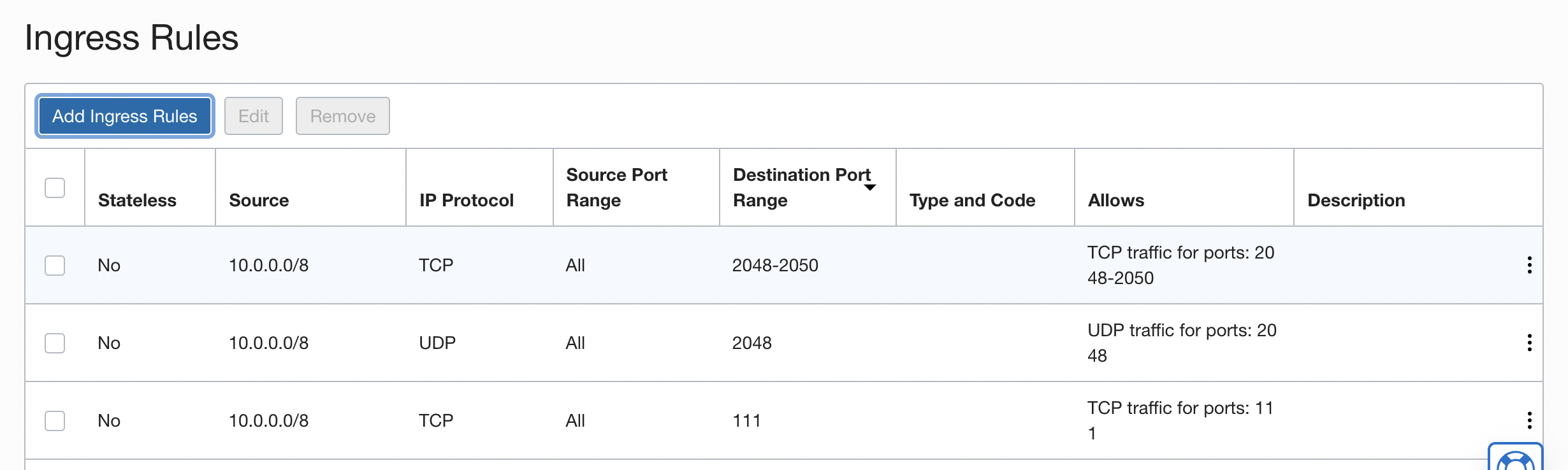 A screenshot of the Ingress Rules section with the Add Ingress Rules button highlighted in blue.