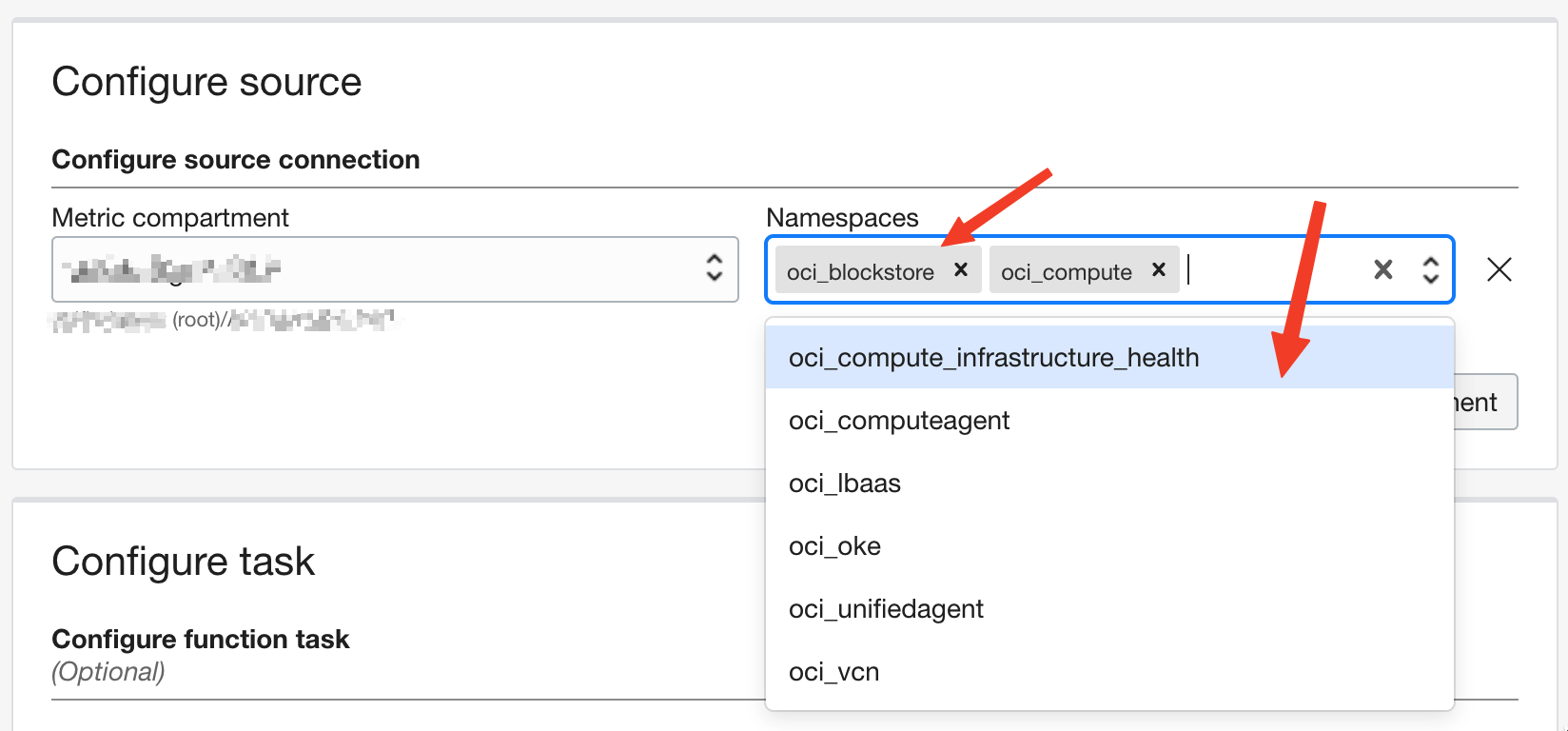 A screenshot of the Configure Source window with the tags oci_blockstore and oci_compute selected in the namespaces field.