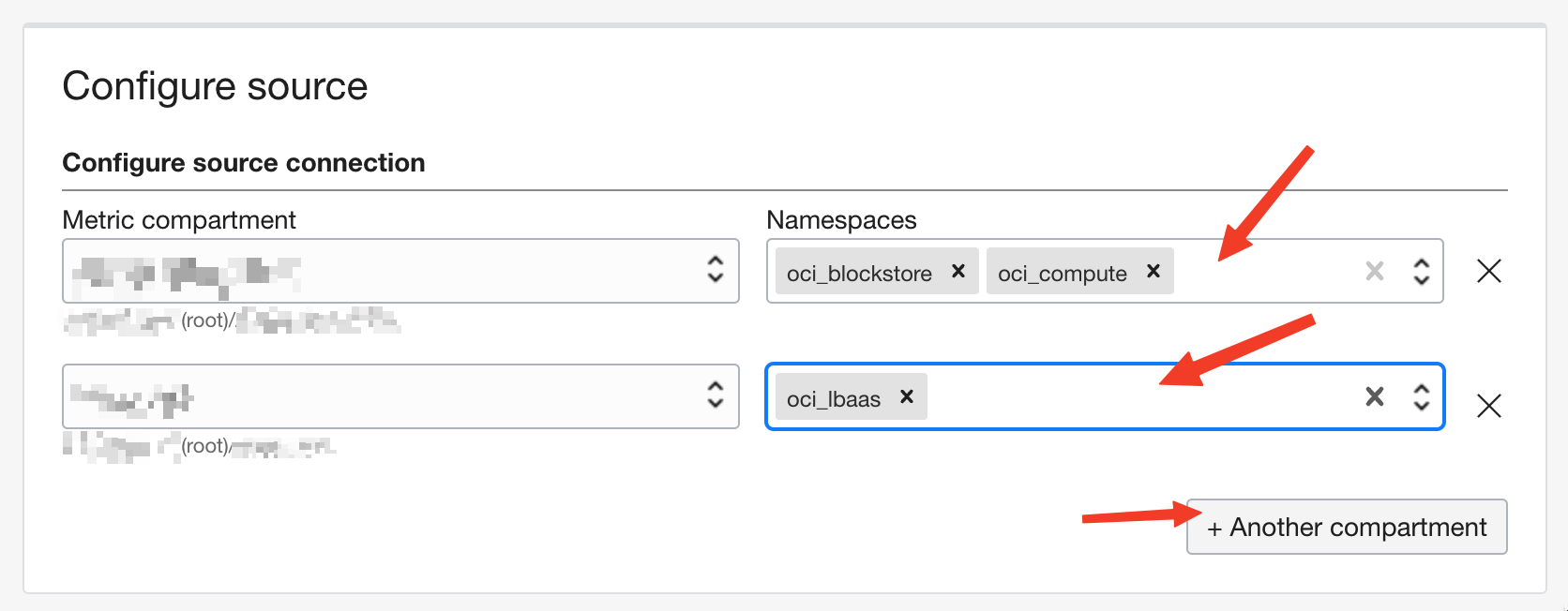 A screenshot of the previous image with an additional namespace, oci_lbaas, selected and red arrows pointing to the tags and the +Another compartment button.