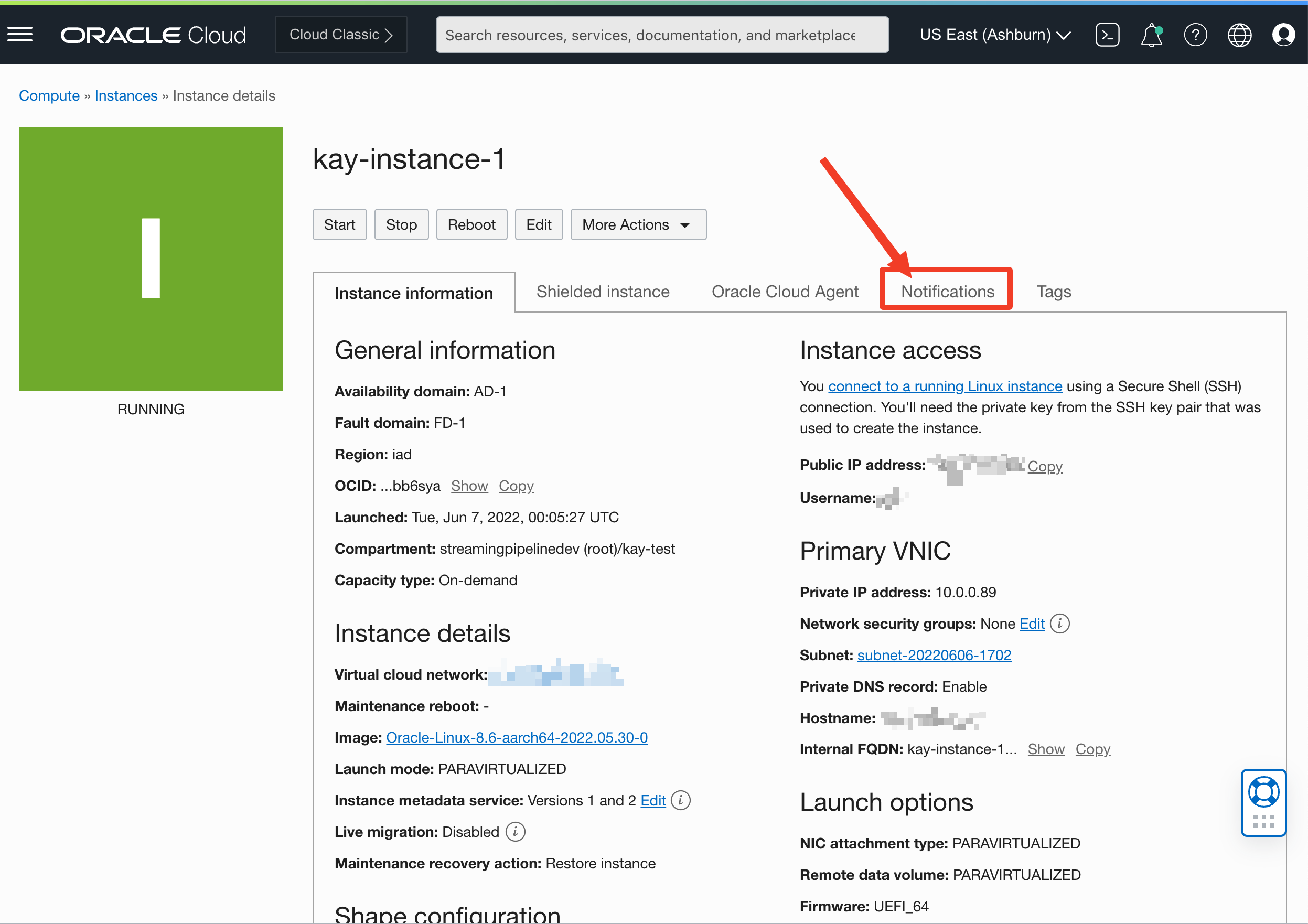 A screenshot of the Instance Details page in the Oracle Cloud Console with the Notifications tag outlined in red.