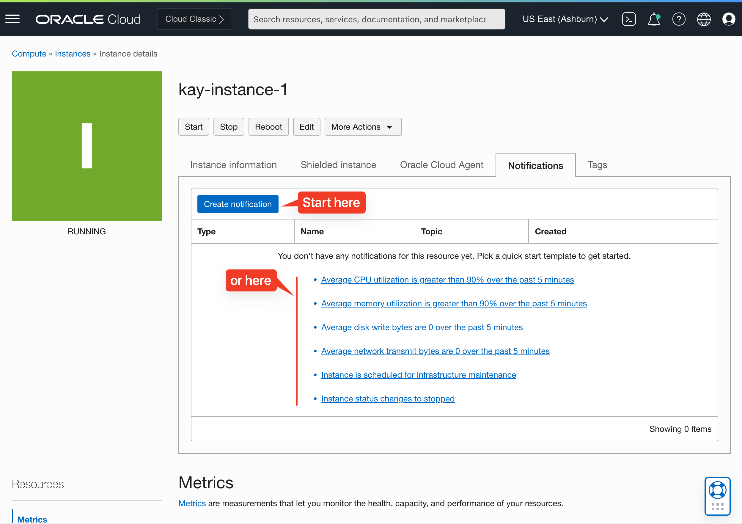 A screenshot of the Instance Details page with the Create Notification button and links indicated in red.