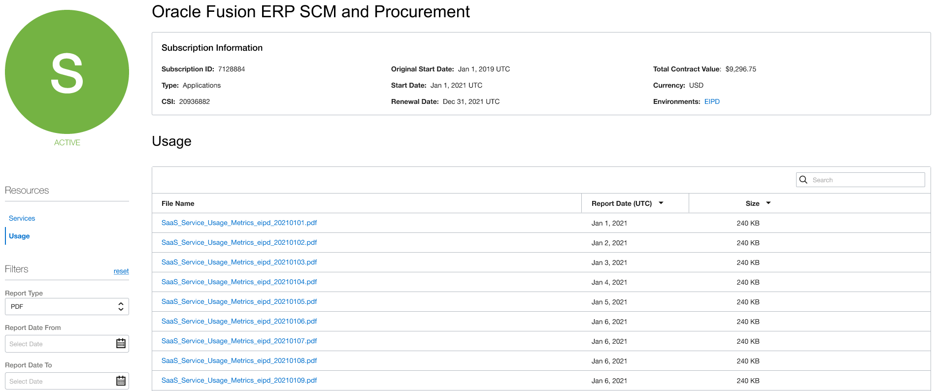 A screenshot of the details page for Oracle Fusion ERP SCM and Procurement.