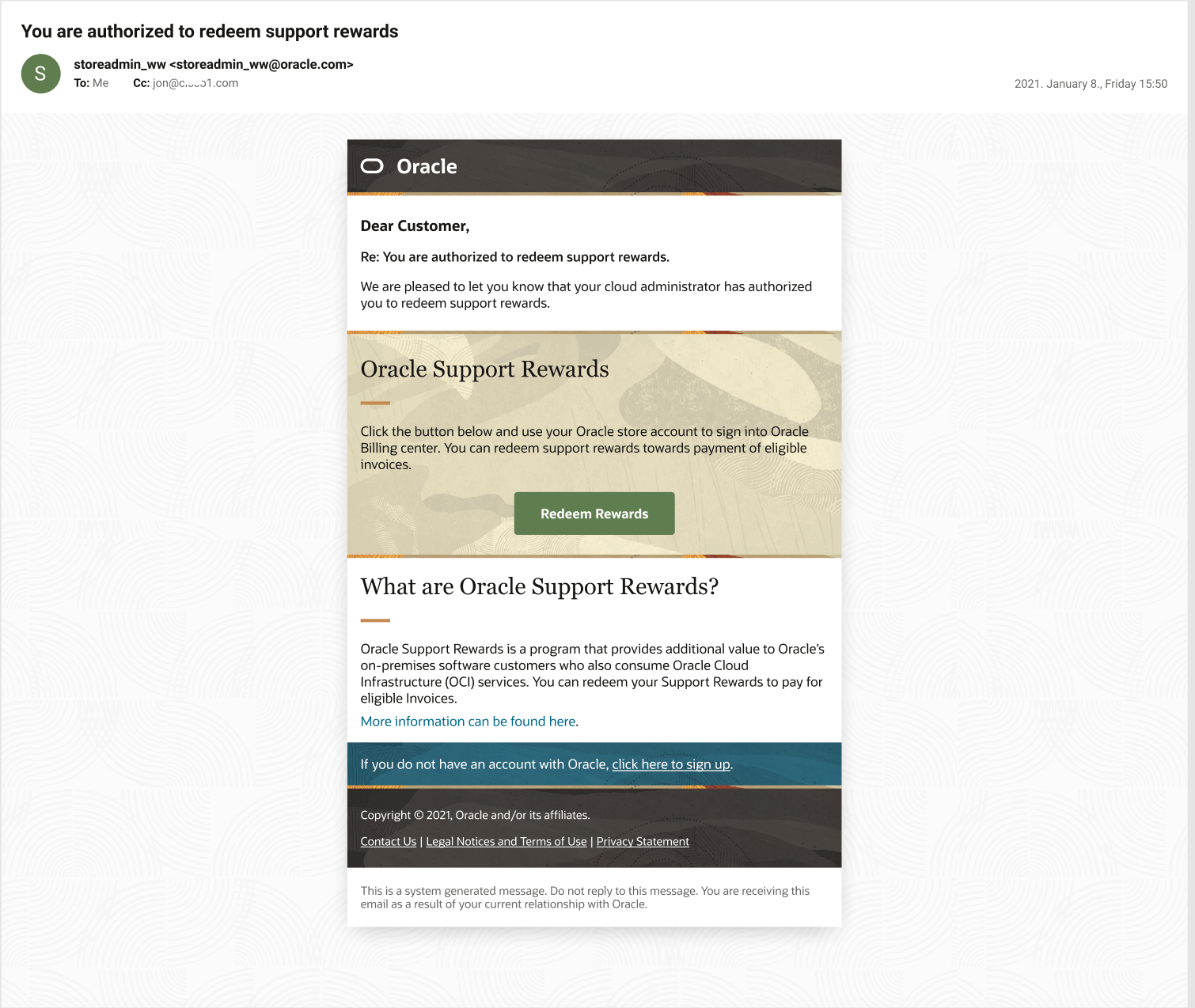 A screenshot of an example Support Rewards authorization email.