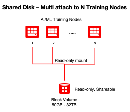 A graphic depicting the architecture for attaching training nodes in read-only mode to a block volume.