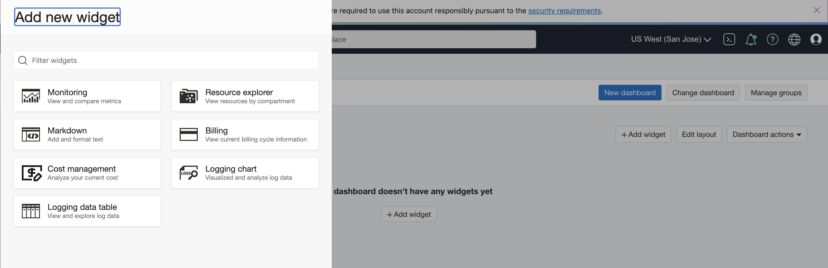 A screenshot of the Add New Widget window in the Console.
