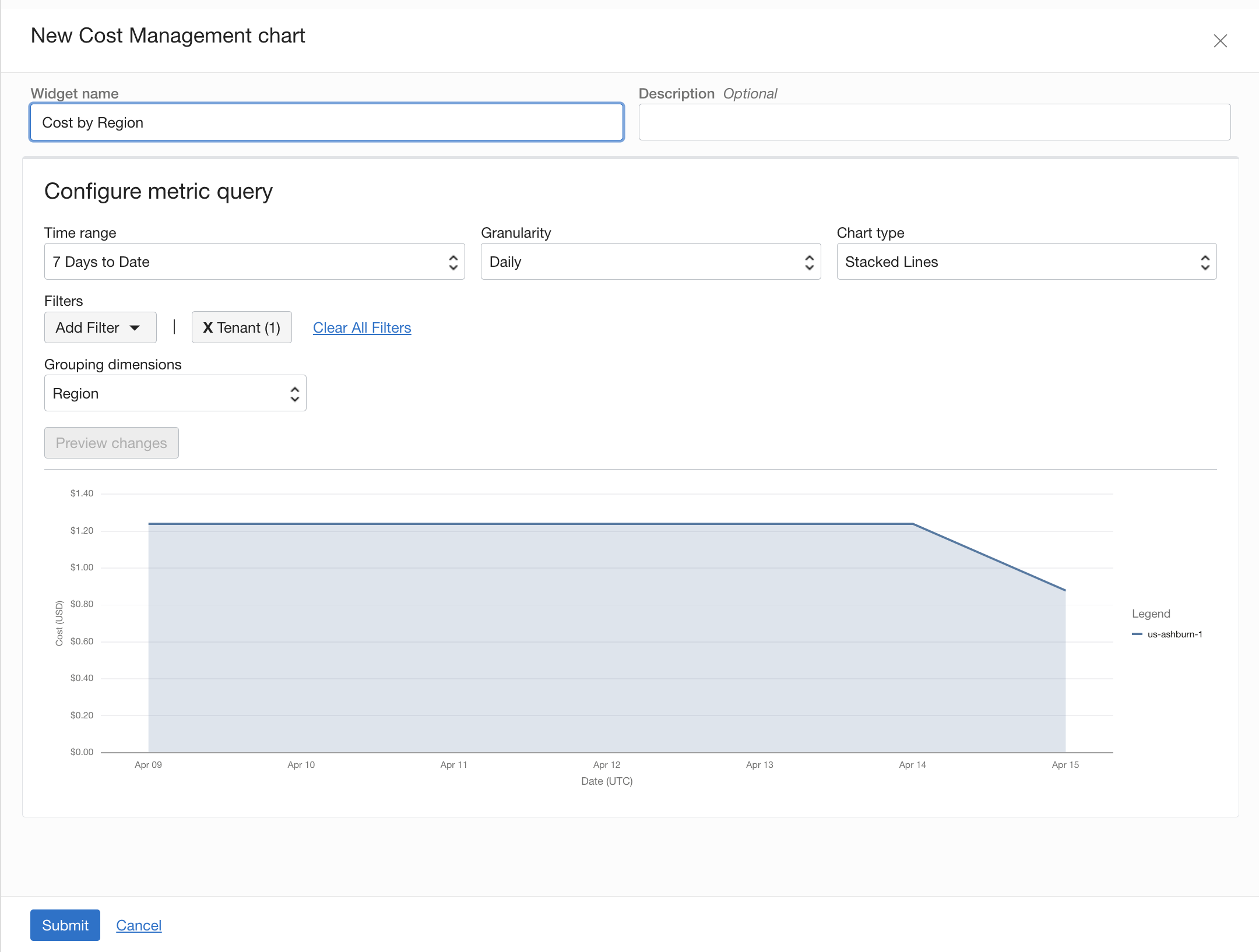 A screenshot of the new cost management page, showing the configuration of metric query, with the widget name field highlighted.
