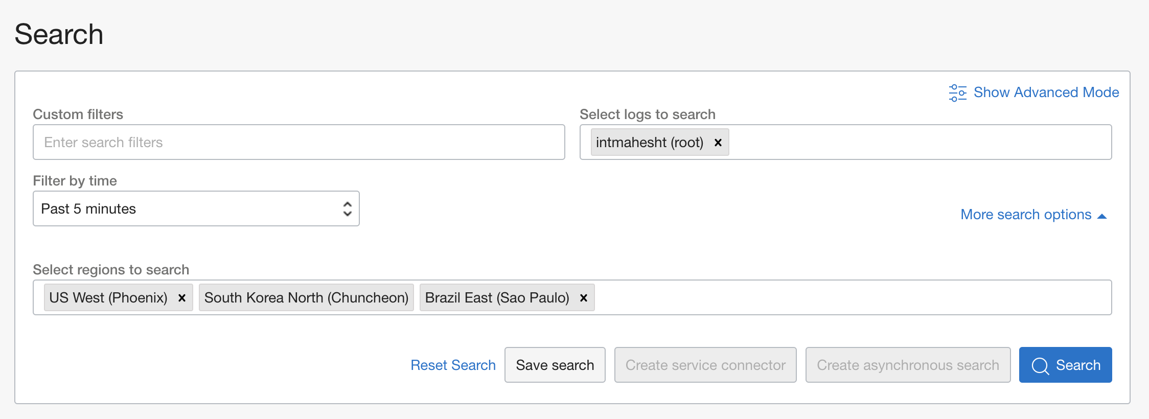 A screenshot of the Search screen showing the options for multiregion search.