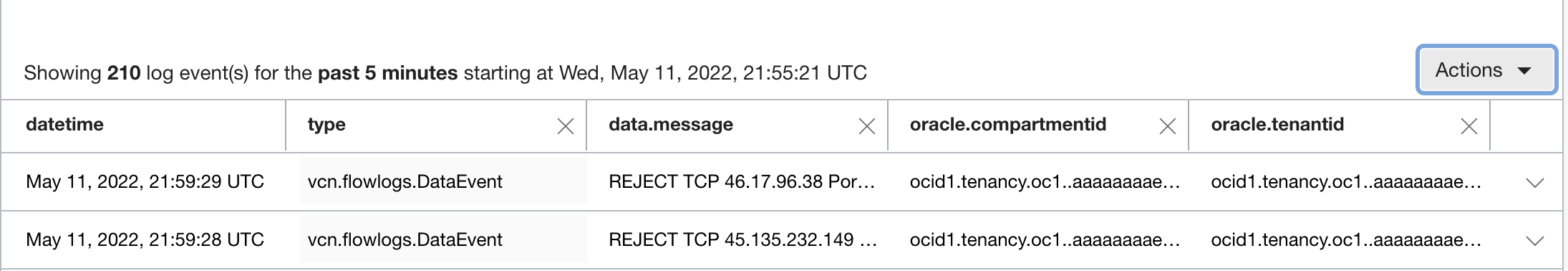 A screenshot of an unwrapped view of log fields.