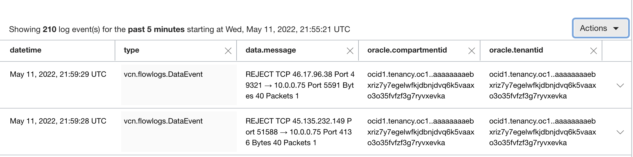 A screenshot of a wrapped view of log fields.