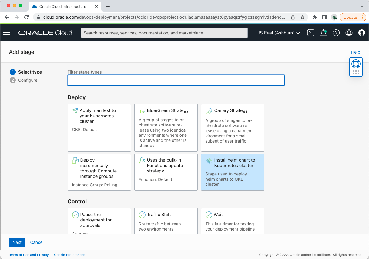 A screenshot of the Add Stage page for adding a Helm stage option in the DevOps Console UI.