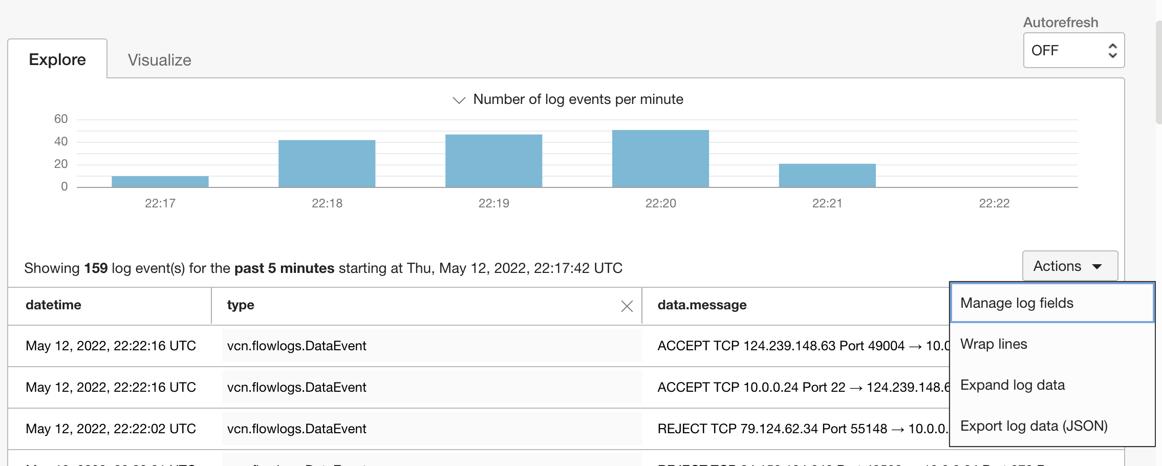 A screenshot of the Explore tab with the Actions menu expanded and the Manage Log Fields option highlighted.