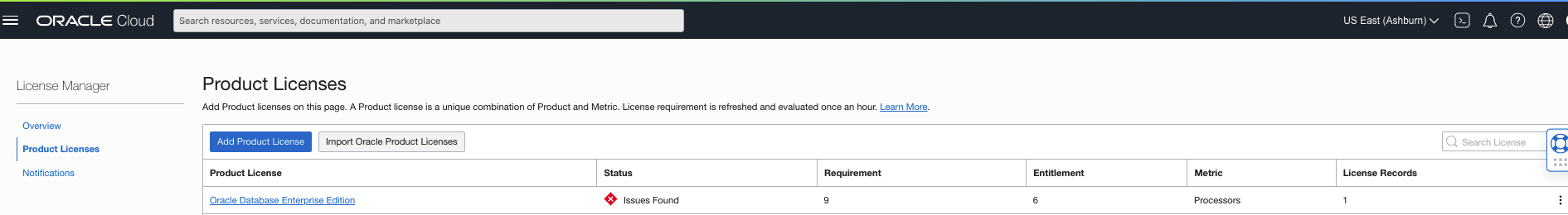 A screenshot of the Product Licenses page showing the status of a license as Issues Found.