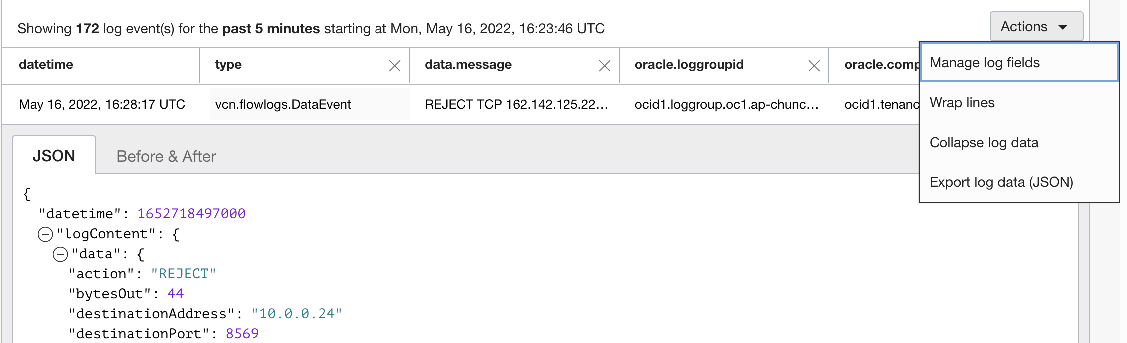 A screenshot of the expanded Actions menu with the option for Manage Log Fields highlighted.