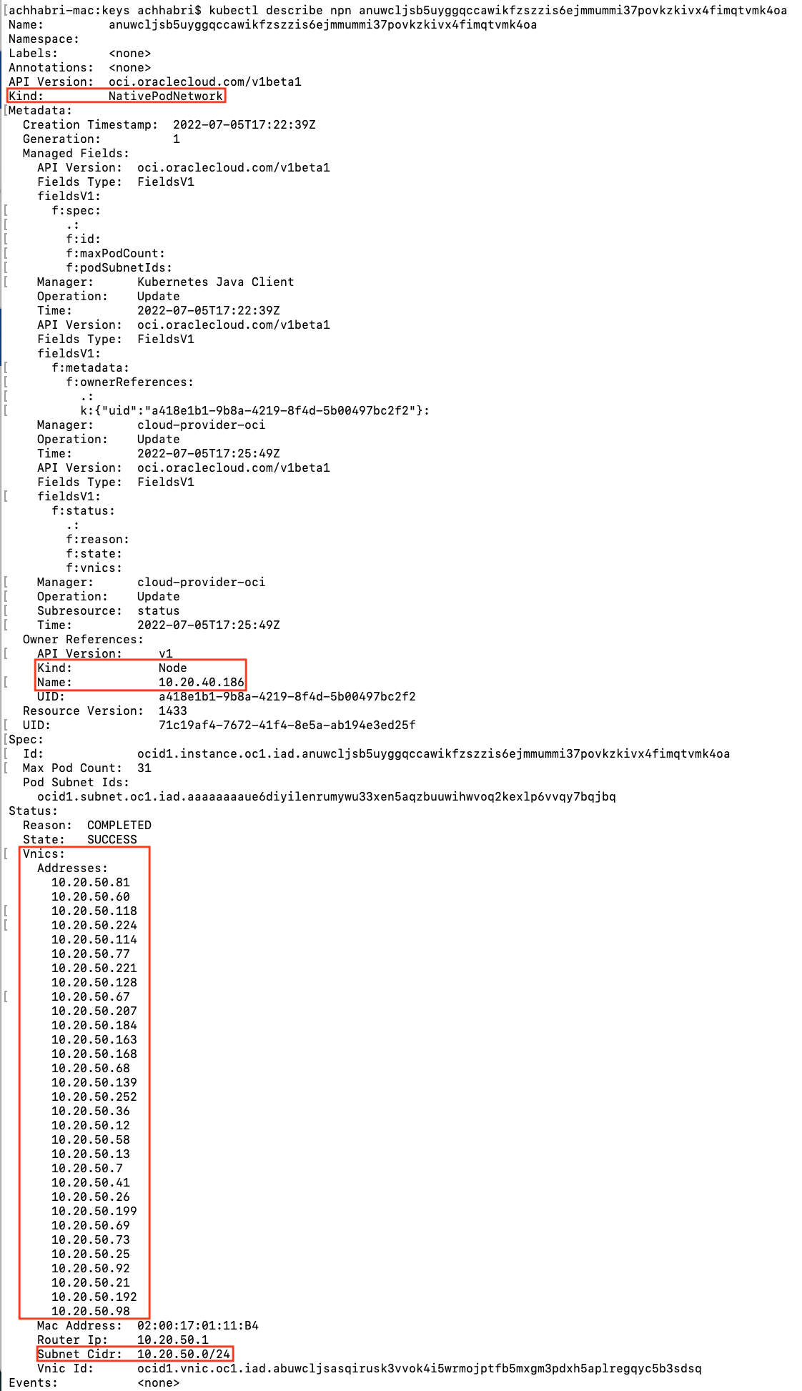 A screenshot of the code for the native pod networking with the kinds, name, VNIC IP addresses, and subnet CIDR outlined in red.