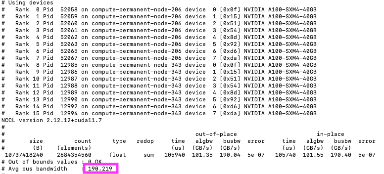 A screenshot of the NCCL test result with the average bus bandwidth outlined in pink.