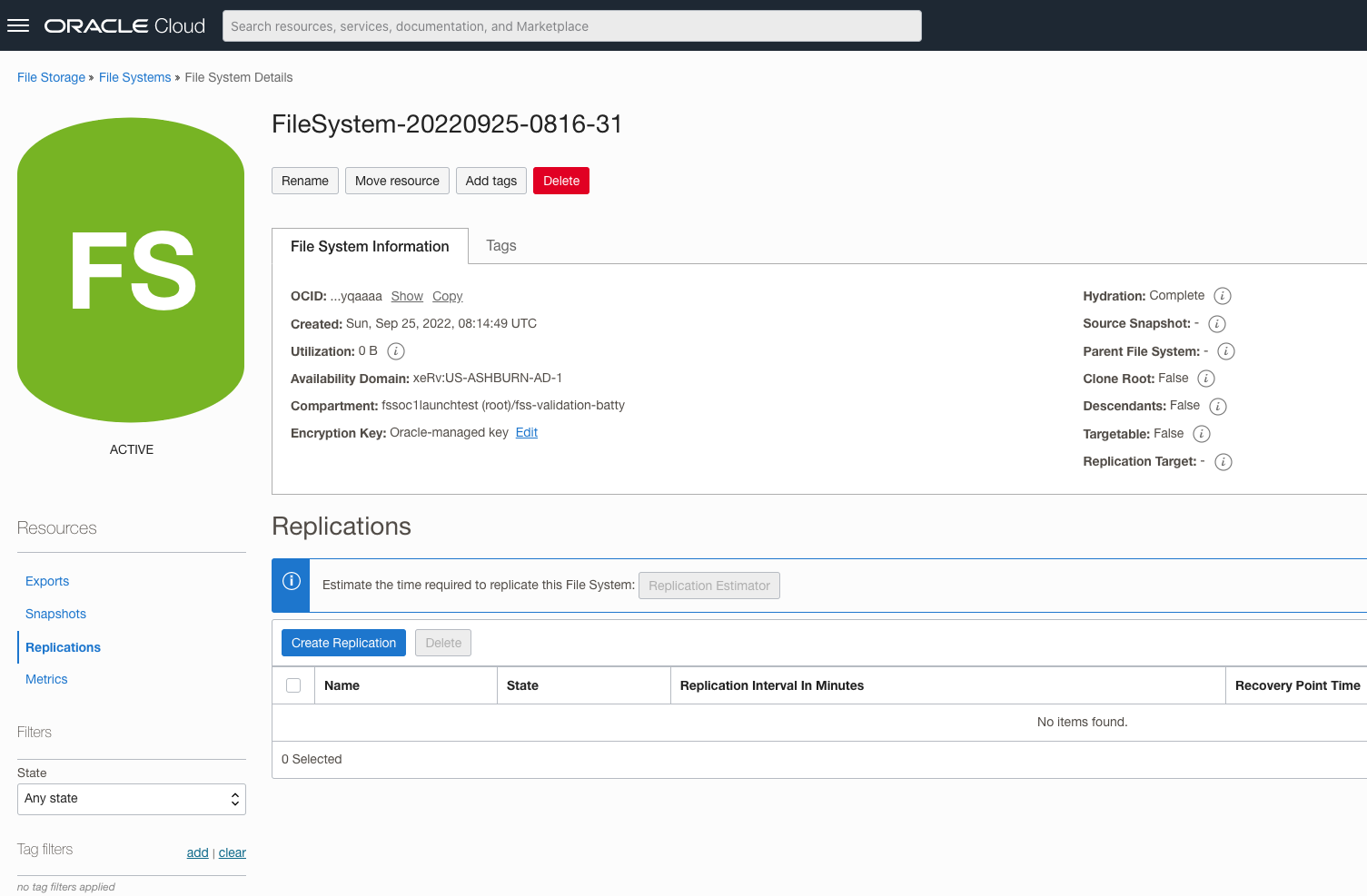 A screenshot of the OCI File Storage replication user interface in the Oracle Cloud Console.