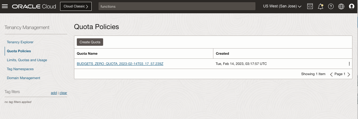 A screenshot of the Quote Policies page showing the created quota.