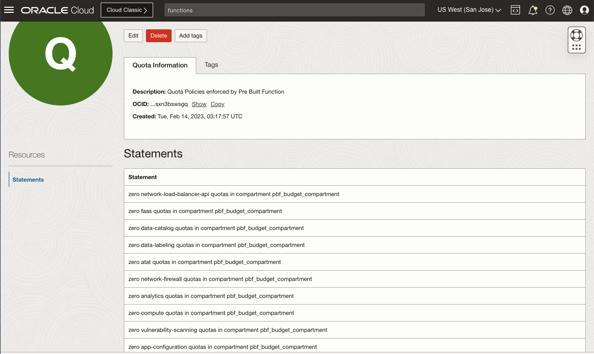 A screenshot of the quota information screen.