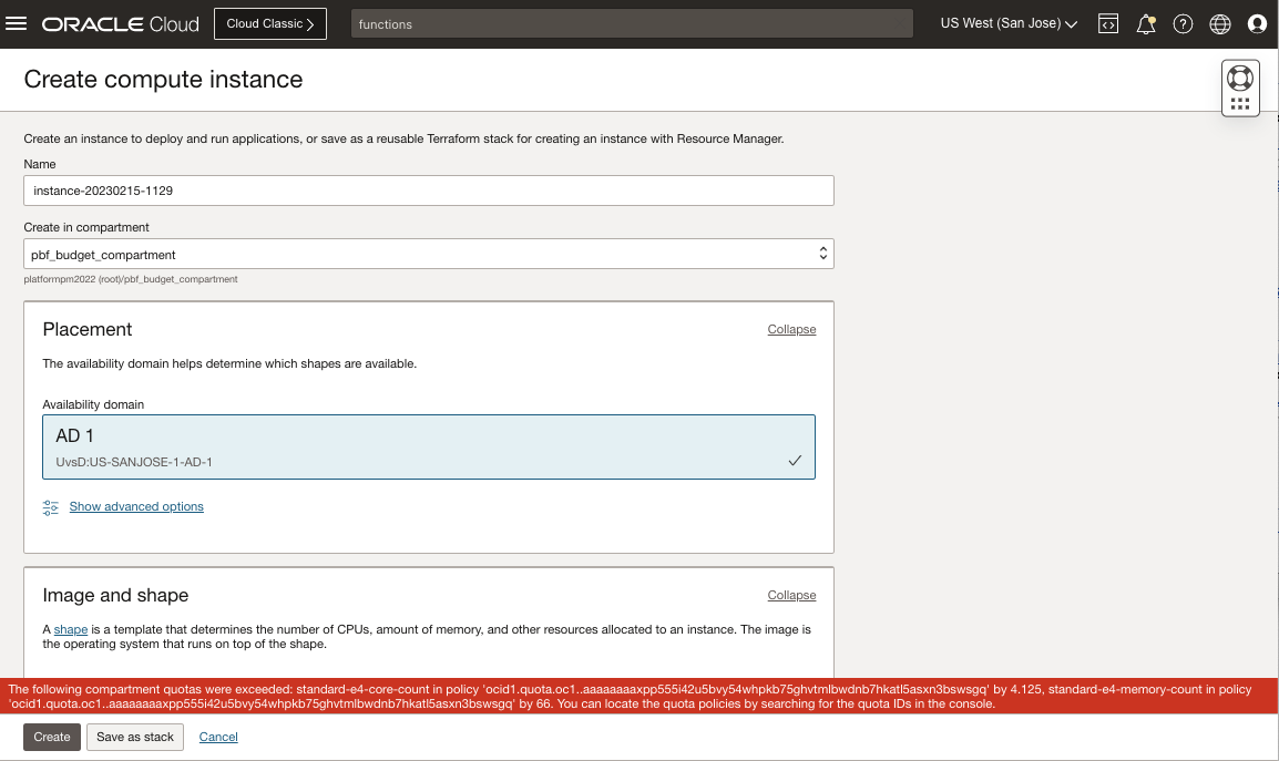 A screenshot of the Create Compute Instance page showing the resource restriction.