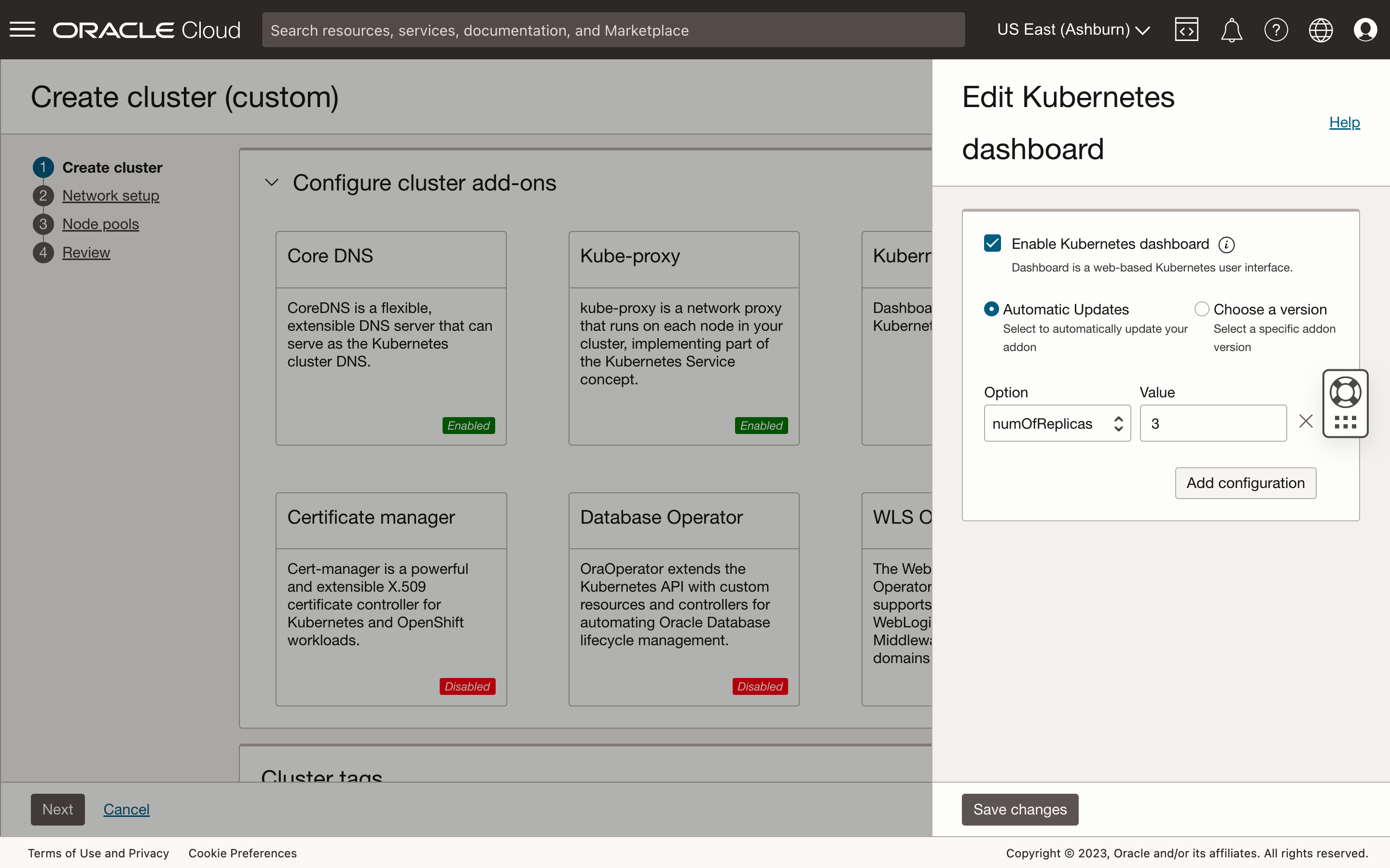 A screenshot of the Edit Kubernetes dashboard panel showing how to configure the Kubernetes dashboard add-on.