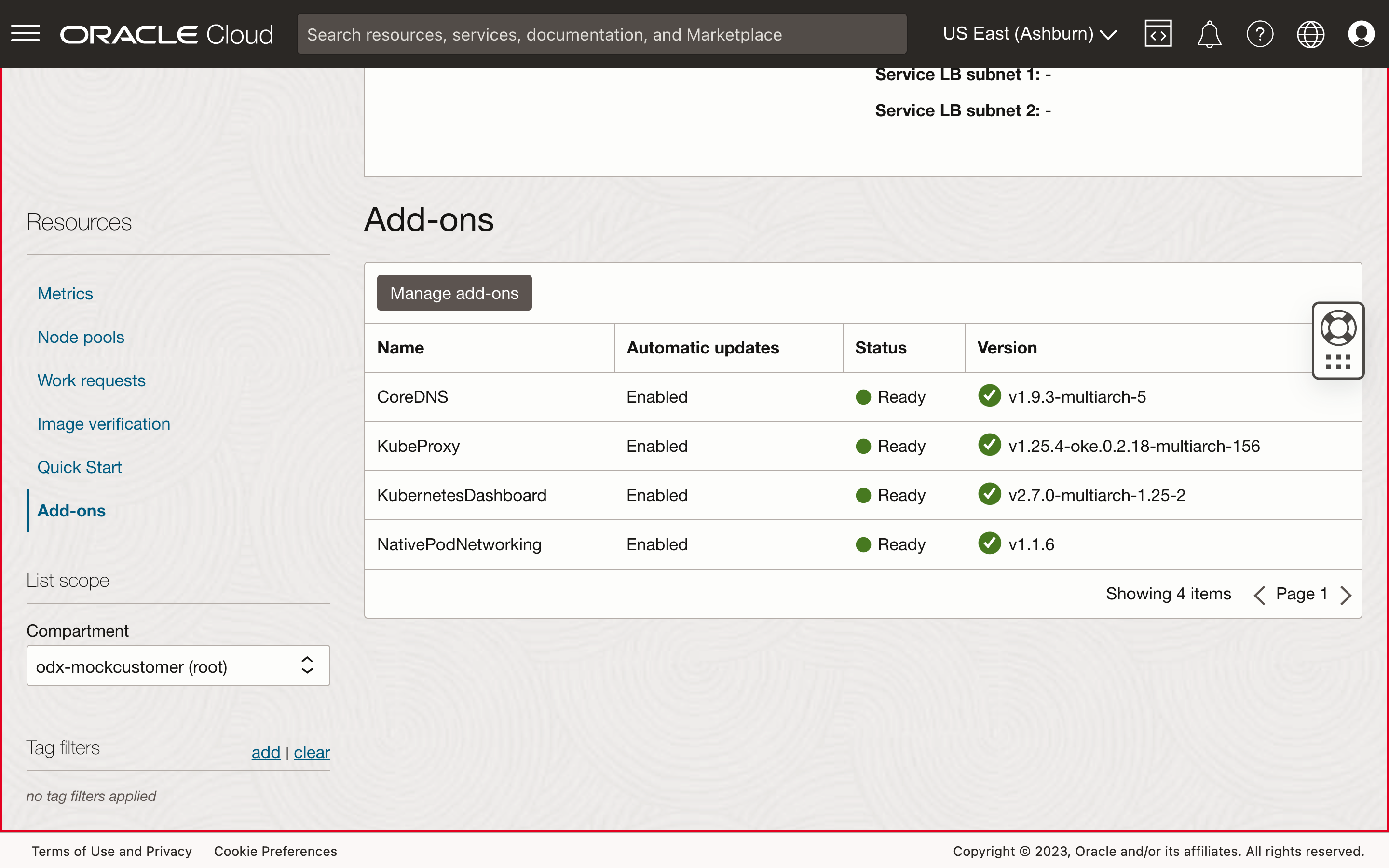 A screenshot of the Add-ons tab showing the deployed add-ons.