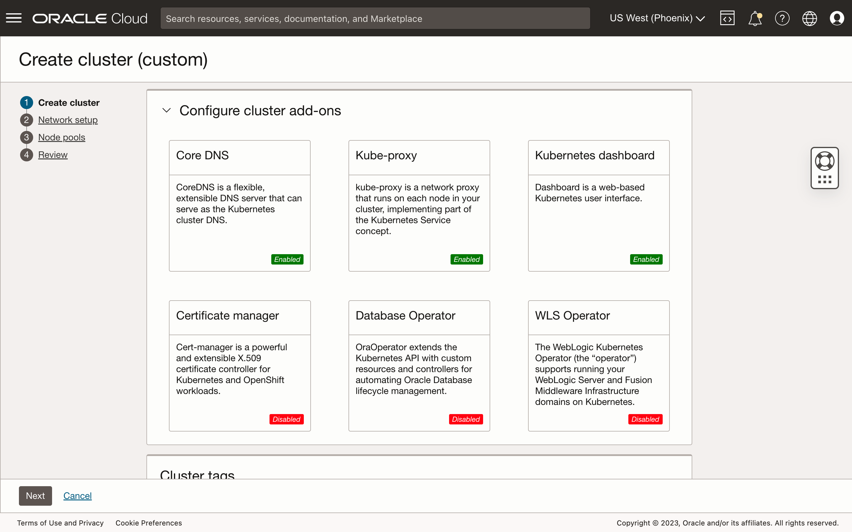 A screenshot of the Create Cluster (Custom) page, showing how to configure a cluster software using the add-on life-cycle management feature. 