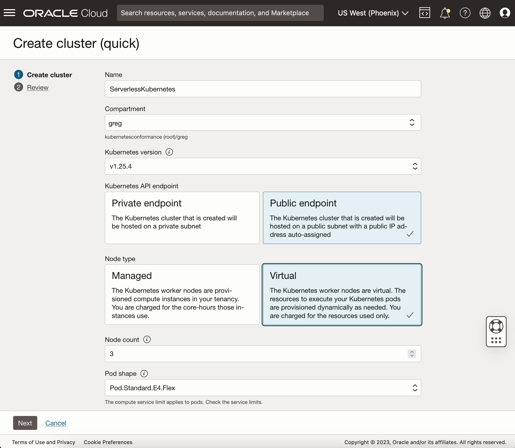 A screenshot of the Create Cluster (Quick) page with the details filled in and selected.